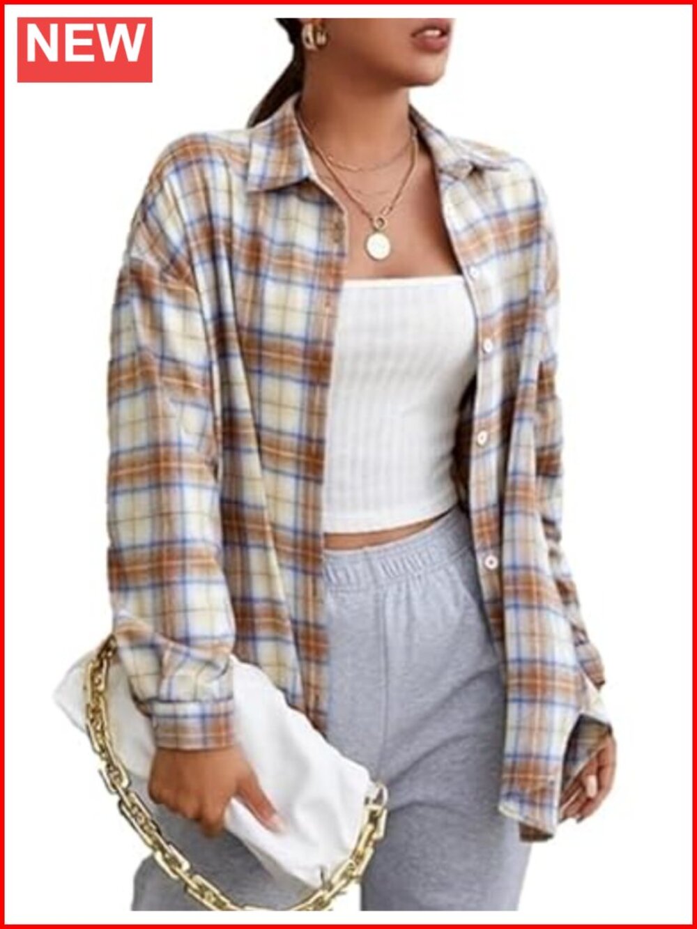 Womens Oversized Plaid Flannel Shirt Button Down Long Sleeve Boyfriend Tunic